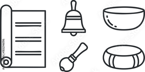 A collection of a scroll, bell, bowl, and drum in minimalist line art style, suitable for music and cultural themes