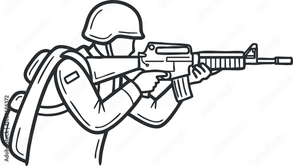 Fototapeta premium A soldier aiming a rifle in a black and white outline vector style, suitable for military or defense illustrations