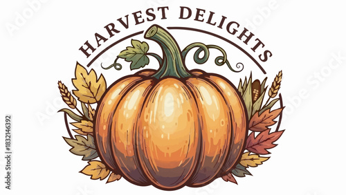 Vintage style pumpkin logo vector illustration badge with harvest leaves and "HARVEST DELIGHTS" text isolated