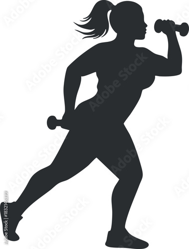 A silhouette of a woman lifting a dumbbell in a dynamic pose, represented in a clean black vector style, ideal for fitness and health branding