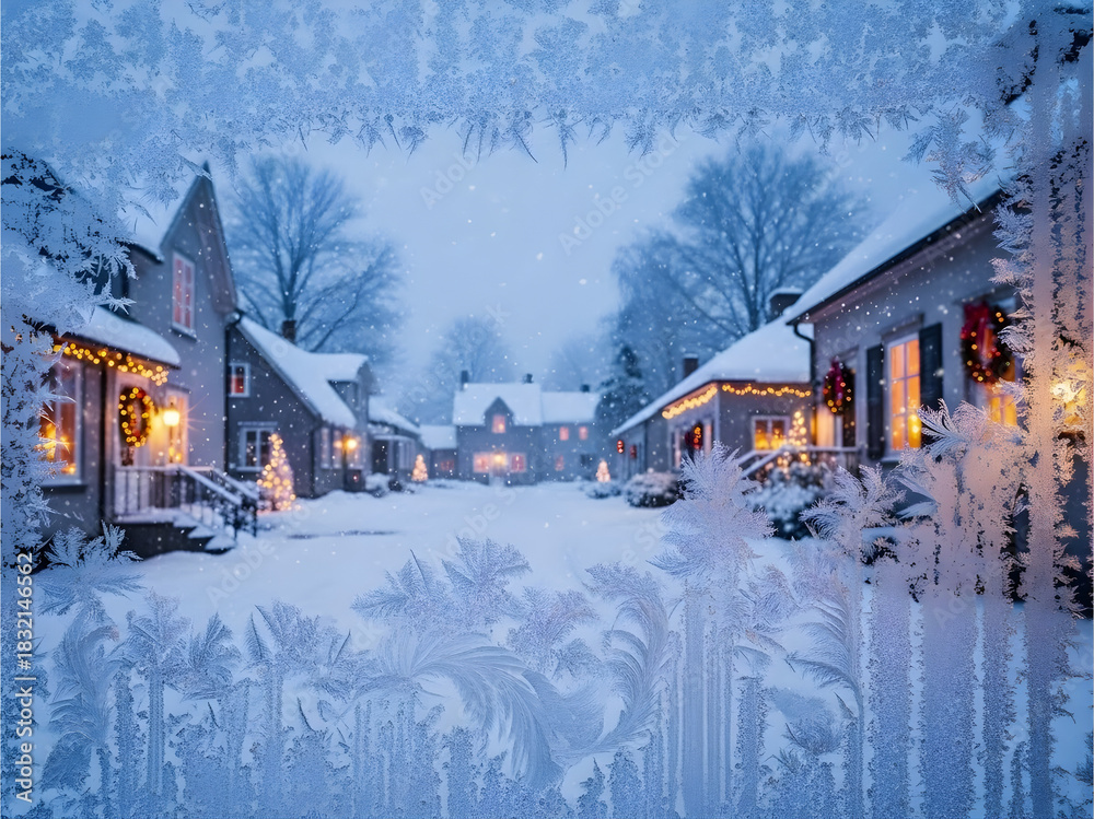 Naklejka premium Cozy winter village scene with snow and warm lights