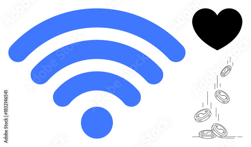 Large blue wireless signal next to a black heart dropping coins. Ideal for technology, connection, digital spending, online services, emotional investments, monetization, simple flat metaphor