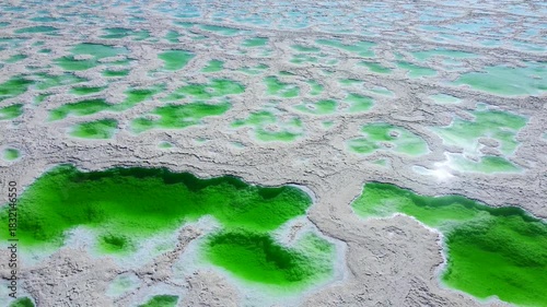 Aerial View of Emerald Salt Lakes in Mangya, Qinghai Province, China - Stunning Natural Mineral Pools and Geological Formations
