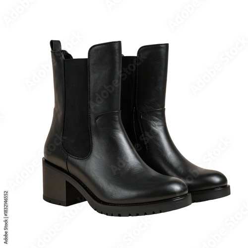 Pair of sleek black leather ankle boots with elastic side panels, chunky heel, and treaded sole