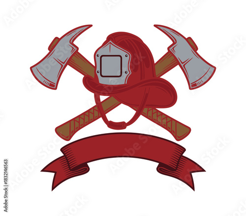 Firefighter helmet and crossed axes badge vector logo design
