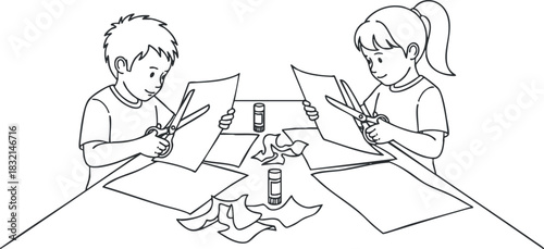 A black and white outline illustration of two children engaged in a crafting activity with paper, scissors, and glue, suitable for educational projects