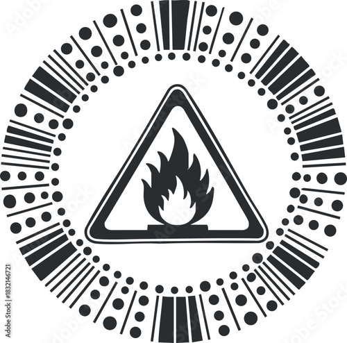 A fire hazard warning symbol in geometric black and white vector style, ideal for safety signage and emergency protocols