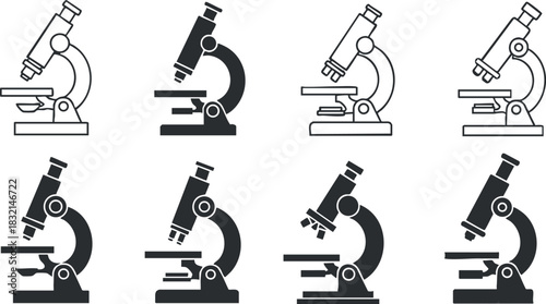 A collection of microscope illustrations in black and white flat vector style, suitable for educational materials and scientific publications