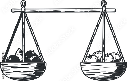 A vintage illustration of a balance scale with fruits in black and white vector style, ideal for health and nutrition themes