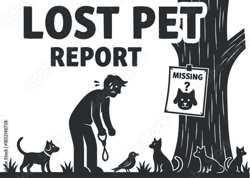 A sad person holding a leash next to a tree with a lost pet report sign in black and white vector style, ideal for community awareness campaigns