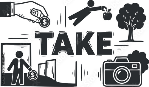 A collection of icons featuring money exchange, a person, an apple tree, and a camera in black and white vector style, suitable for business and educational projects