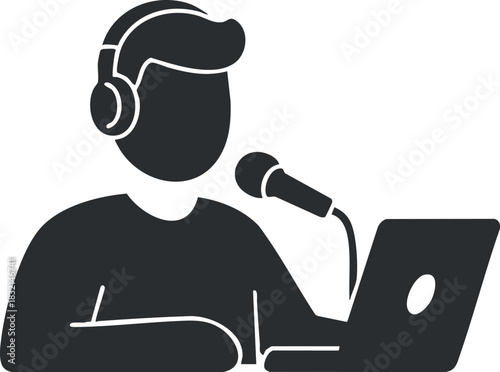 A person wearing headphones speaking into a microphone while using a laptop in a minimalist black and white vector style, ideal for podcasting and streaming content