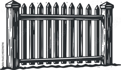 A wooden picket fence with pointed tops in a black and white vintage sketch style, ideal for outdoor design projects