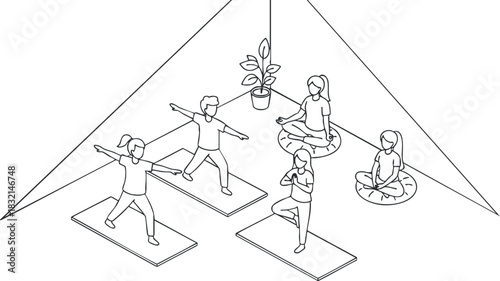 A line art illustration of a group yoga practice featuring individuals performing various poses in a minimalist vector style, suitable for wellness and fitness projects