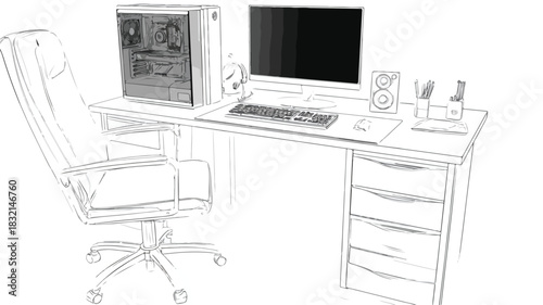Modern Computer Desk with Computer and Drawing, Technology Workspace Concept