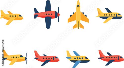 Collection of eight flat design airplanes in yellow red and blue aircraft propeller plane