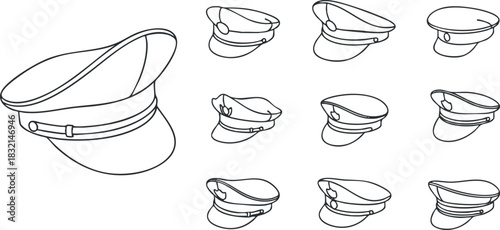 A collection of various types of caps and hats in black and white outline vector style, suitable for fashion and uniform design