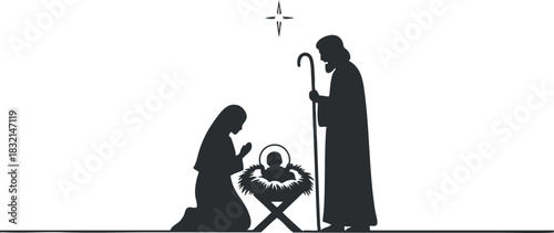 A Nativity scene featuring Mary and Joseph in silhouette style, surrounded by a manger with baby Jesus, ideal for Christmas designs