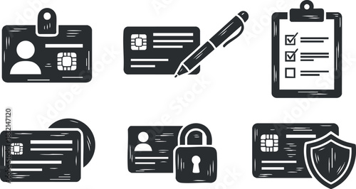A collection of identity and security icons including ID cards, a pen, a checklist, and a lock in black and white minimalist vector style, perfect for security and authentication applications