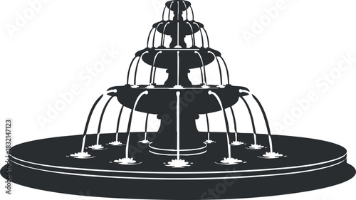 A decorative fountain with multiple water spouts in black and white minimalist vector style, suitable for landscape design projects