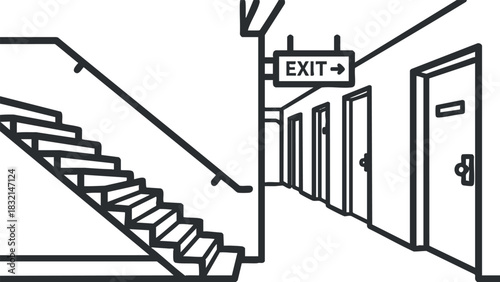 An illustration of a staircase leading to an exit sign in minimalist line art style, suitable for architectural designs and signage