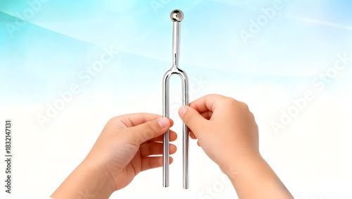 Hands holding a silver tuning fork against a soft blue background
