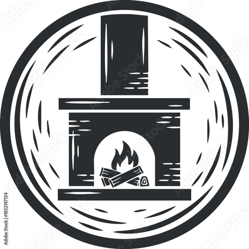 A cozy fireplace with logs and a flame in black and white outline vector style, suitable for home decor and cozy interior designs