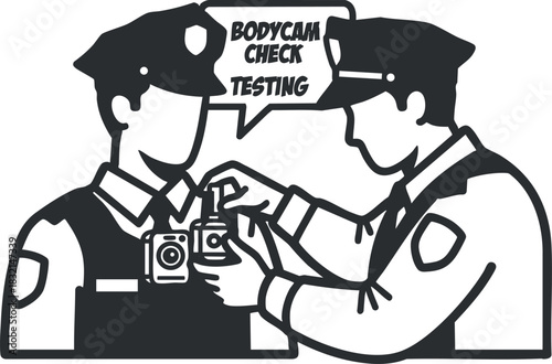 A police officer testing a body camera on a colleague in a flat black and white vector style, suitable for law enforcement training materials