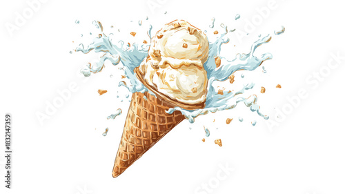 Delicious Ice Cream Cone with Milk Splashes Vector Drawing
