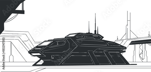 A futuristic spaceship design in black and white outline vector style, ideal for science fiction illustrations and concept art