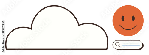 Cloud shape, orange smile face, and search bar emphasize digital data, online search, positivity, technology access. Ideal for cloud computing, happiness, digital connection web search simplicity