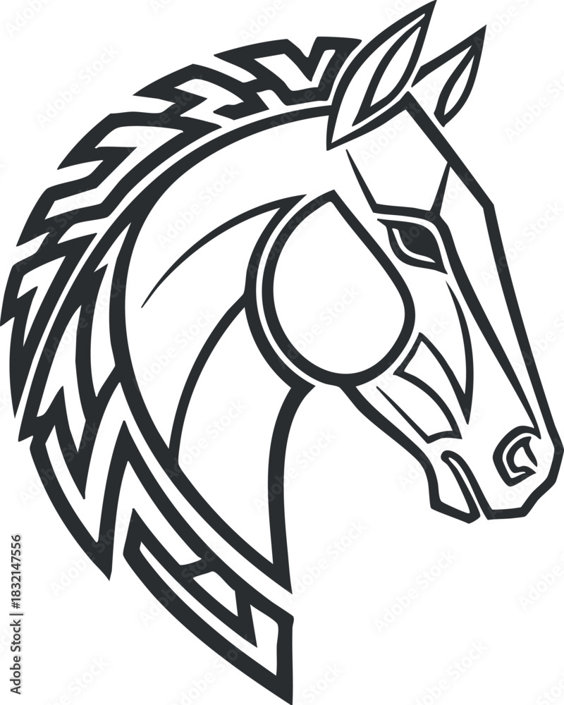 Fototapeta premium A stylized horse head illustration in black and white outline vector style, perfect for equestrian-themed designs