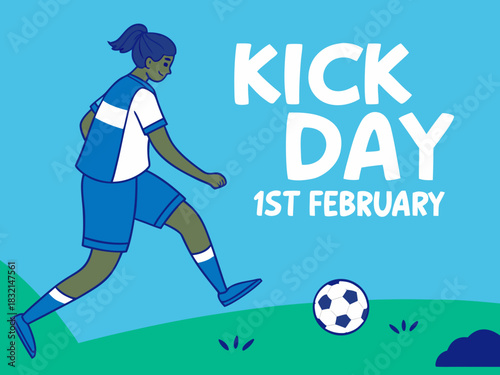 Kick Day Celebration on 1st February with a Woman Kicking a Soccer Ball on a Green Field