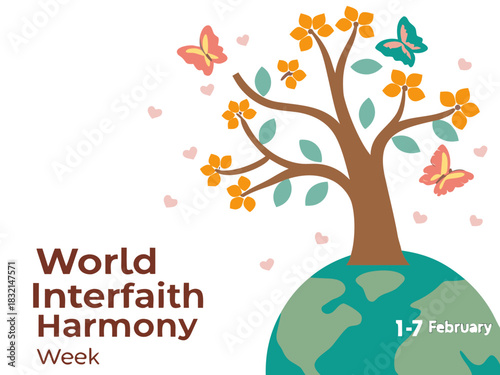 World Interfaith Harmony Week Illustration with Tree on Earth Butterflies and Hearts February 1 7