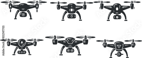 A set of six drone illustrations in black and white outline vector style, ideal for technology and innovation projects