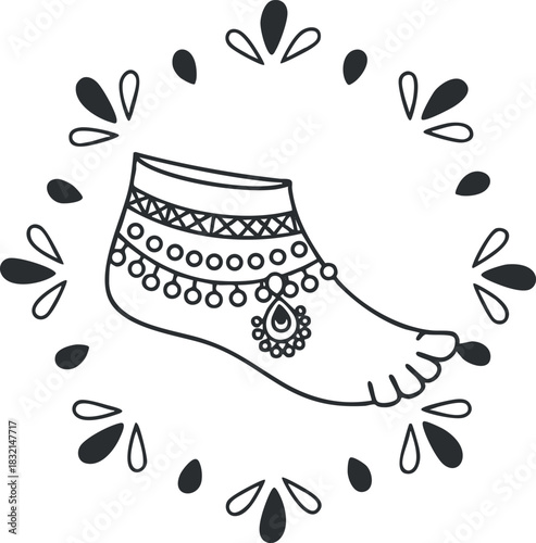 A decorative foot illustration with an anklet design in black and white line art style, ideal for cultural and fashion-themed projects
