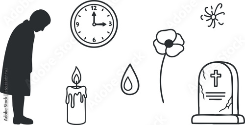 A set of mourning symbols including a grieving figure, clock, candle, poppy flower, and gravestone in black and white outline style, suitable for memorial designs