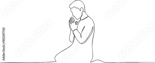 A kneeling person with hands clasped in prayer depicted in minimalist line art style, ideal for spiritual and religious themes