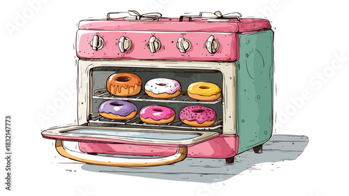 Delicious Donuts Baking in Oven Vector Illustration for Bakery Advertisements