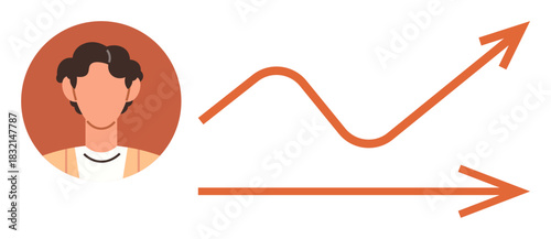 Profile of a person next to a line graph and upward-pointing arrow, symbolizing development, progress, strategy, talent growth, success, leadership advancement, and vision in a simple flat metaphor