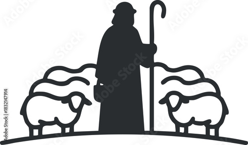 A shepherd standing with a staff surrounded by sheep in black and white minimalist vector style, suitable for agricultural themes