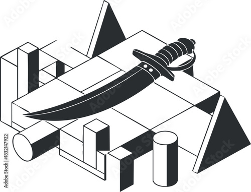 A knife with a curved blade on a geometric set of shapes in black and white minimalist vector style, suitable for culinary design projects