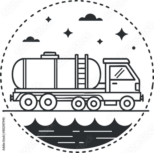 A tanker truck on a circular road in black and white outline vector style, suitable for logistics and transportation themes