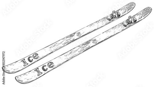 Professional Drawing of Skis with Ice Word, Winter Sports Design Concept