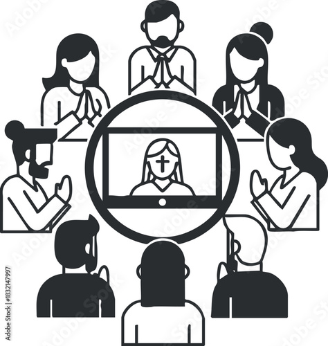A group of diverse individuals participating in an online prayer meeting in minimalist black and white vector style, ideal for faith-based community graphics
