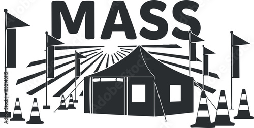 A mass event tent surrounded by flags and cones in black and white minimalist vector style, suitable for outdoor festival branding
