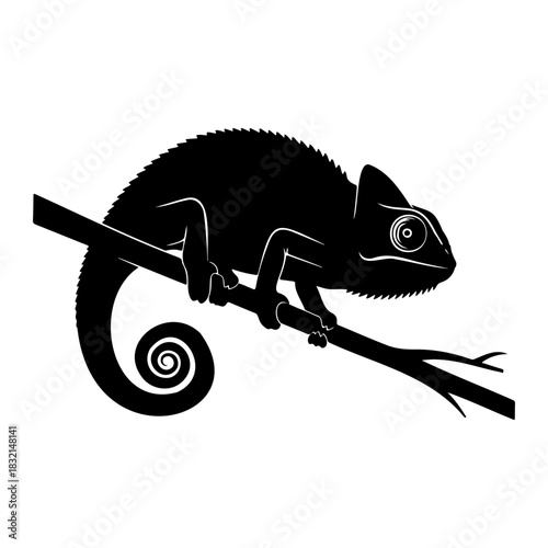 A black silhouette of a chameleon perched on a branch on a white background