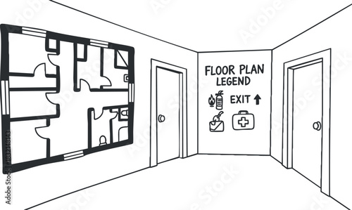 A floor plan legend with exit signs and directional arrows in a black and white minimalist vector style, suitable for architectural layouts and signage design