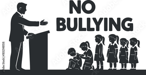 An illustration of a speaker addressing a group of children with a bold 'No Bullying' message in black and white vector style, ideal for educational campaigns and anti-bullying initiatives