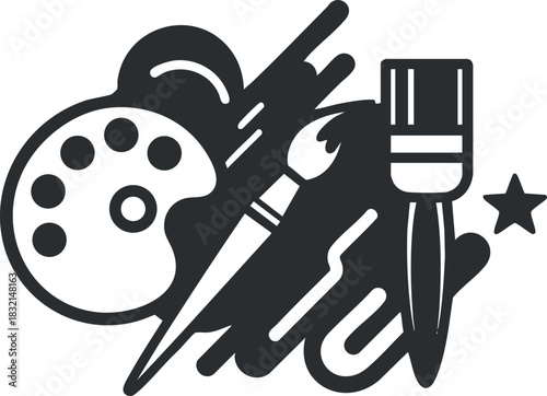A collection of art tools including a palette, brush, and pencils in black and white vector style, ideal for creative projects